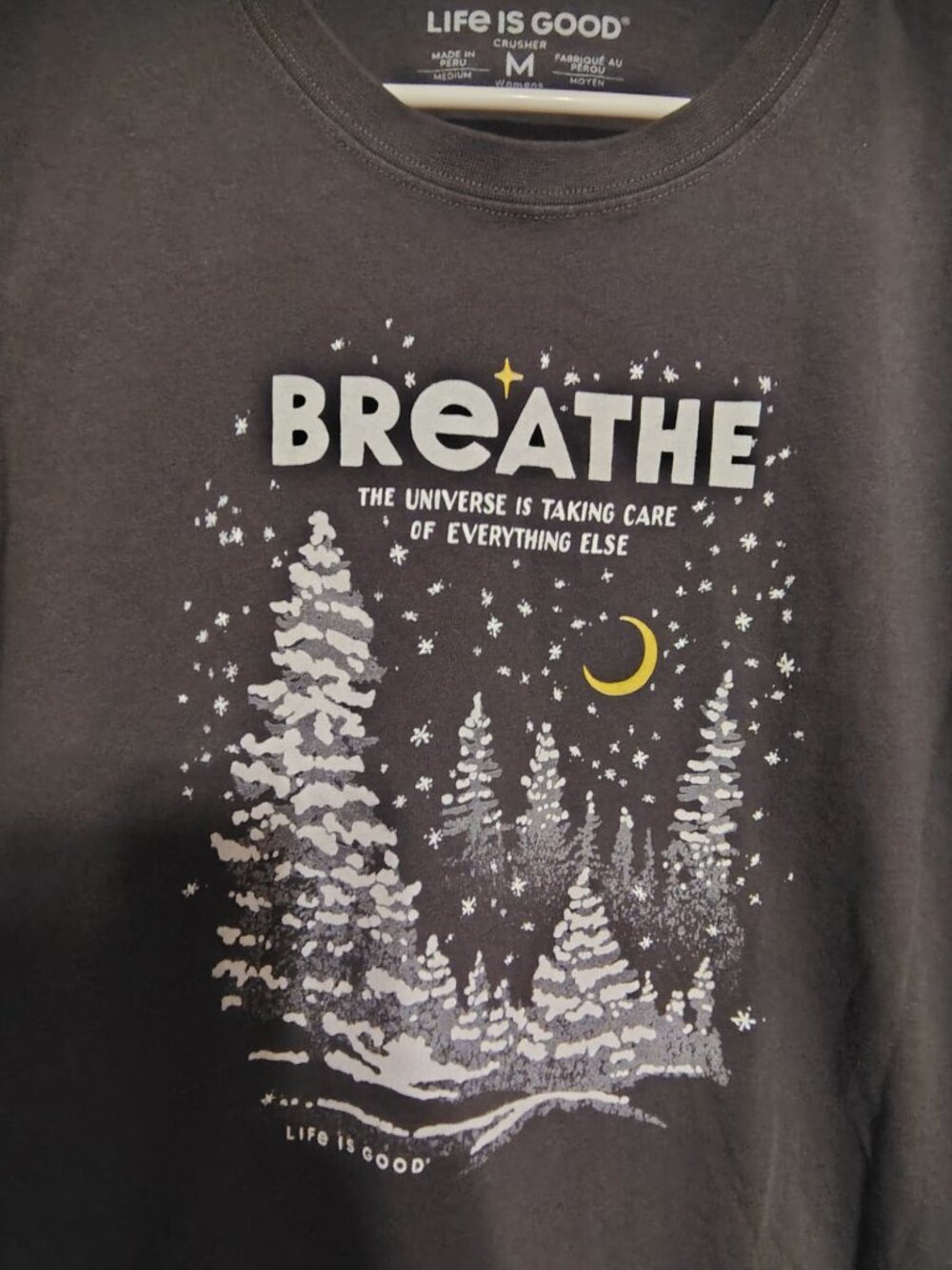 Life is Good Medium Breathe Black Long Sleeve T-Shirt, Night Time Snow Universe - Picture 2 of 4